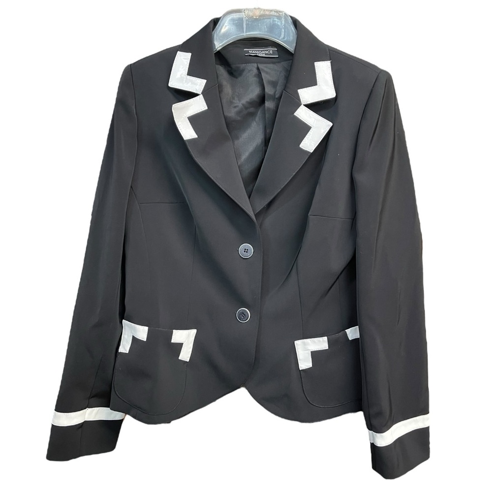 MANIGANCE Paris Blazer Suit Jacket Career Elegant Black/White Leather Trim Sz 6